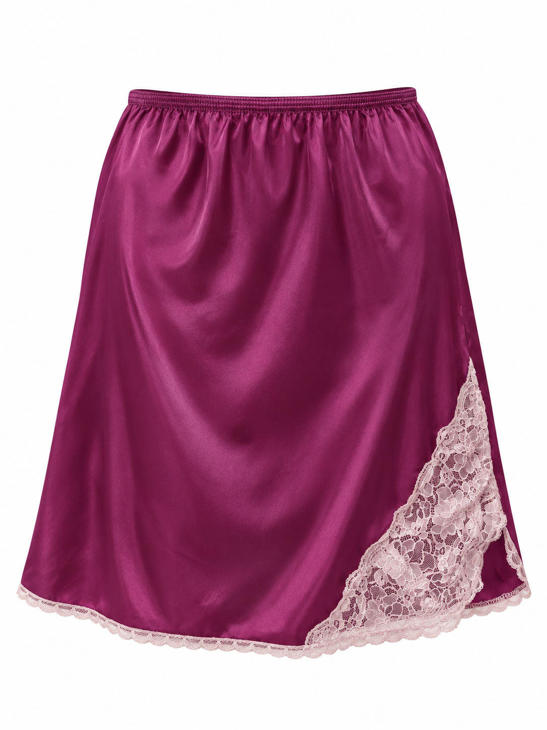 Vintage Hand-Dyed Plum Satin Half Slip with Pink Floral Lace