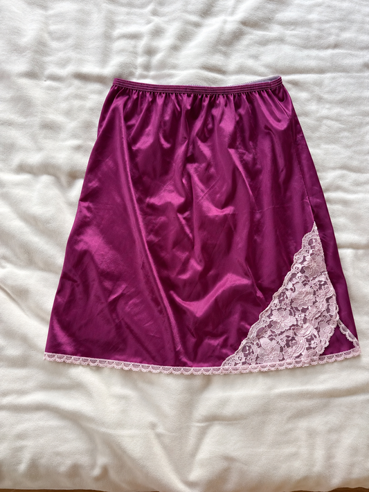 Vintage Hand-Dyed Plum Satin Half Slip with Pink Floral Lace